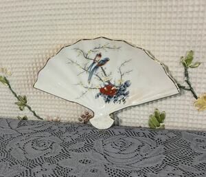 Vintage Jay Fine China Japan Fan Shaped Porcelain Trinket Dish Birds Floral Gold